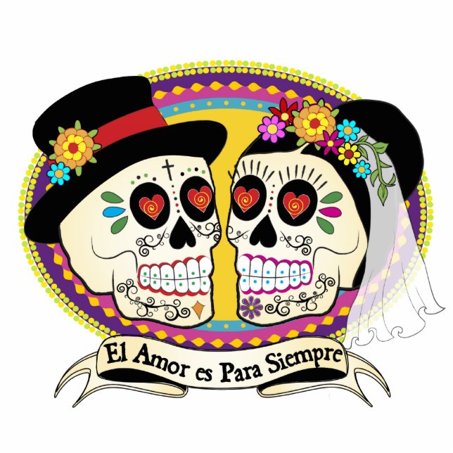 Los Novios Sugar Skull Cake Topper (Spanish) Standing Photo Sculpture (Front)