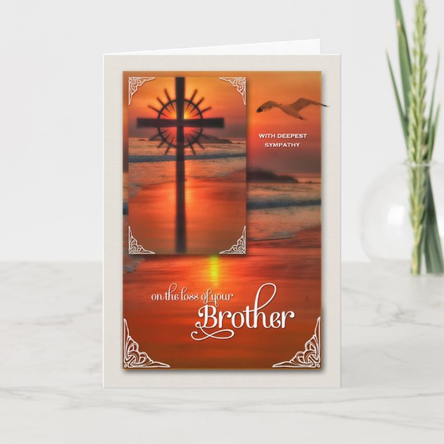 Loss of a Brother Sympathy Sunset Cross Beach Card (Front)