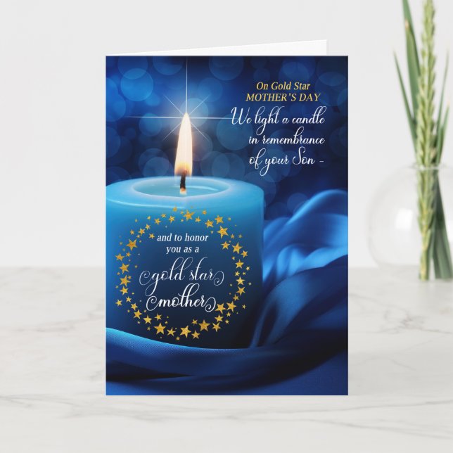 Loss of a Son Gold Star Mother's Day Blue Candle Holiday Card (Front)