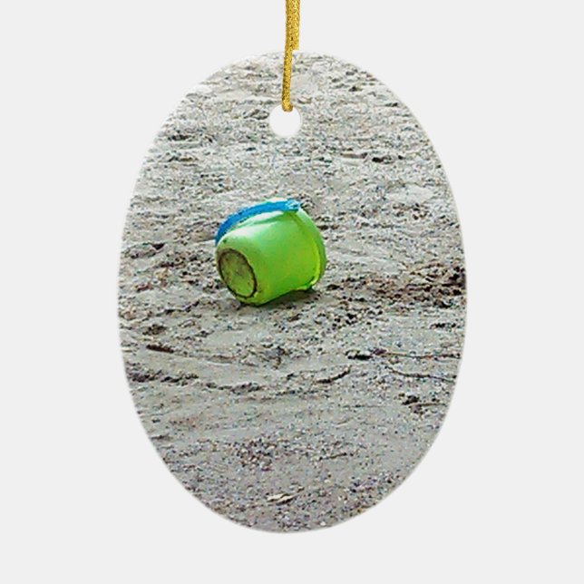 Lost Green Bucket in Sand on Summer Beach Ceramic Tree Decoration (Front)