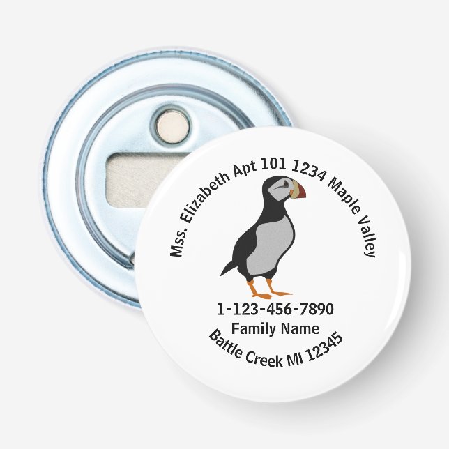 Lost Horned Puffin Standing Family Home Address Bottle Opener (Front)