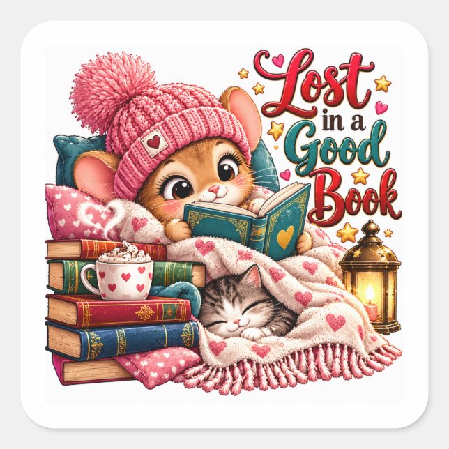 Lost in a Good Book Cat Reader Square Sticker (Front)