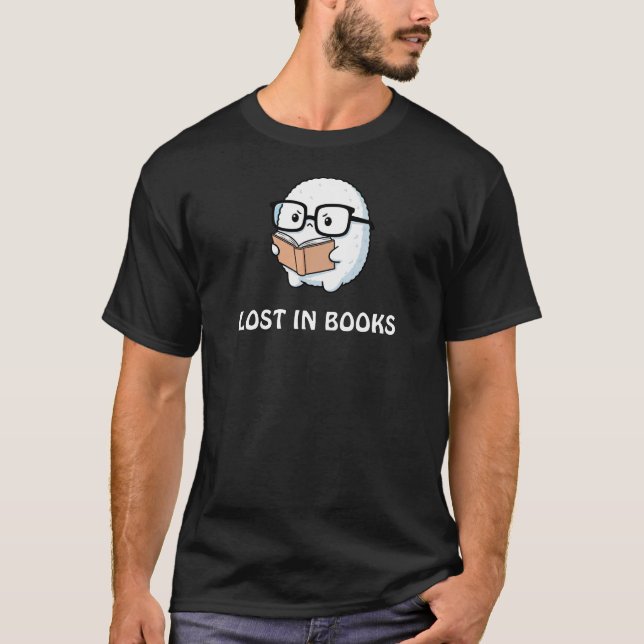 Lost in Books – Cute Fluffy Character T-Shirt (Front)