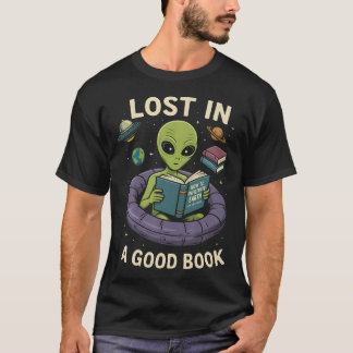 Lost In Good Book Nerd Alien Reading Space Ufo Boo T-Shirt