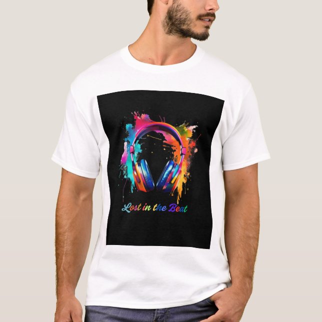 Lost in the Beat – Colourful Headphones Art T-Shirt (Front)