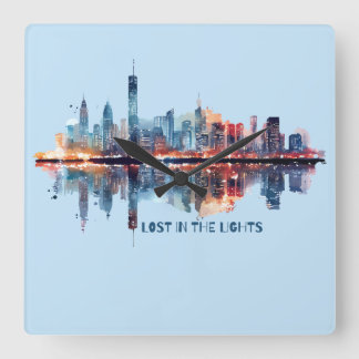 Lost in the Lights - Watercolor City Skyline  Square Wall Clock