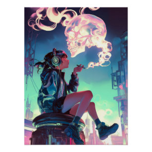 Lost in the Neon Rain   Cyberpunk Anime Girl Poster