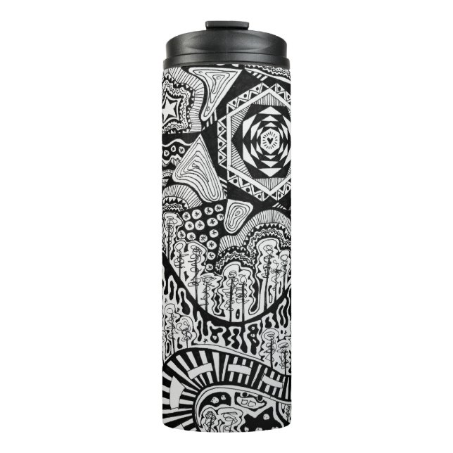 Lost in the Pilliga black & white ink art Thermal Tumbler (Front)