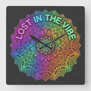 Lost in the Vibe Rainbow Neon Mandala Graphic Square Wall Clock