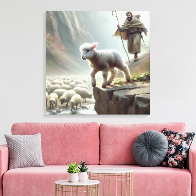 Lost Lamb On Mountain Cliff Canvas Print (Insitu(LivingRoom))