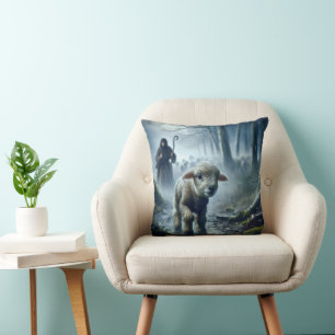 Lost Lamb With Shepherd In Rainy Forest Cushion