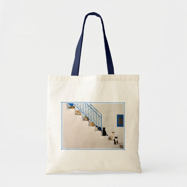 Lot of cats on a white stairway in a Greek village Tote Bag (Front)