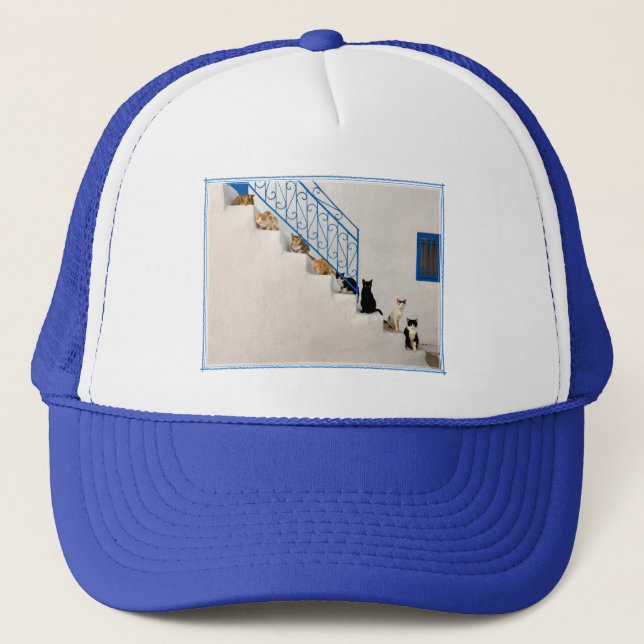 Lot of cats on a white stairway in a Greek village Trucker Hat (Front)