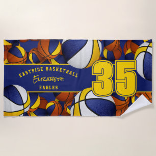 Lots of basketballs blue gold team colours beach towel