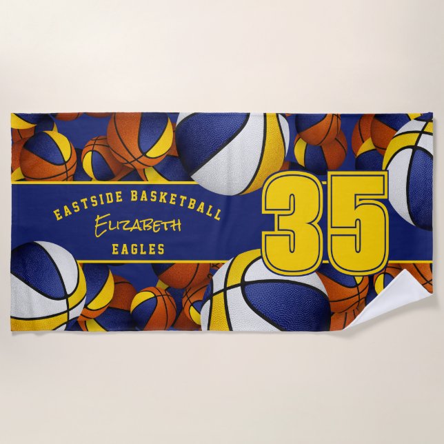 Lots of basketballs blue gold team colours beach towel (Front)