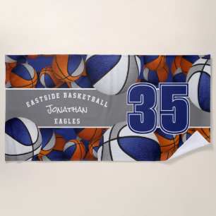 Lots of basketballs blue grey team colours beach towel