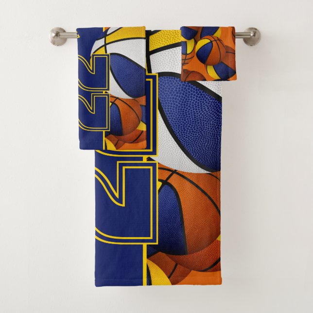 Lots of basketballs custom athlete name blue gold bath towel set (Insitu)