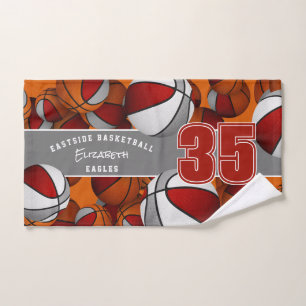 Lots of basketballs custom athlete name red grey hand towel