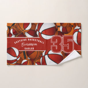 Lots of basketballs custom athlete name red white hand towel