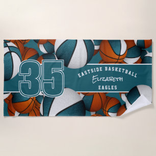 Lots of basketballs custom team name teal white beach towel