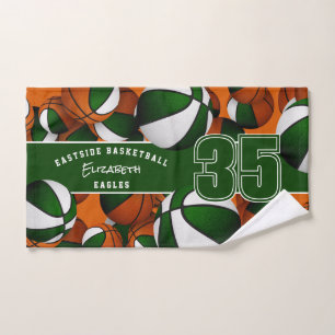 Lots of basketballs girls boys green team colours hand towel
