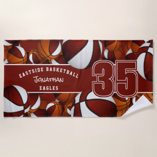 Lots of basketballs maroon white team colours name beach towel