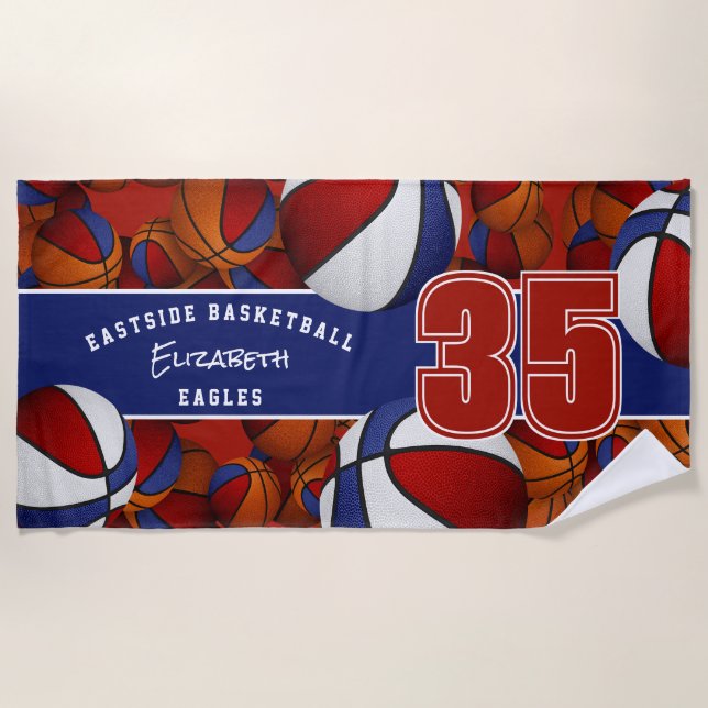 Lots of basketballs red blue team spirit beach towel (Front)