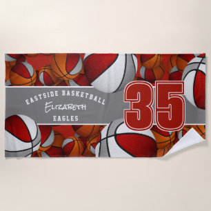 Lots of basketballs red grey kids team spirit beach towel