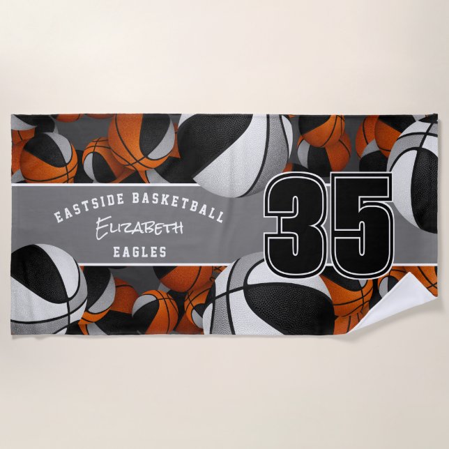 Lots of basketballs with black grey team colours beach towel (Front)