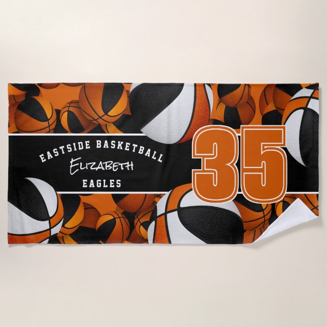 Lots of basketballs with orange black team colours beach towel (Front)