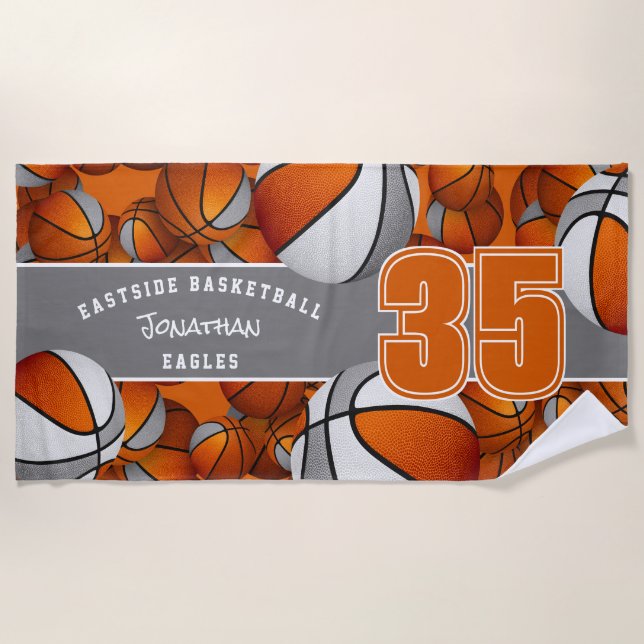 Lots of basketballs with orange grey team colours beach towel (Front)