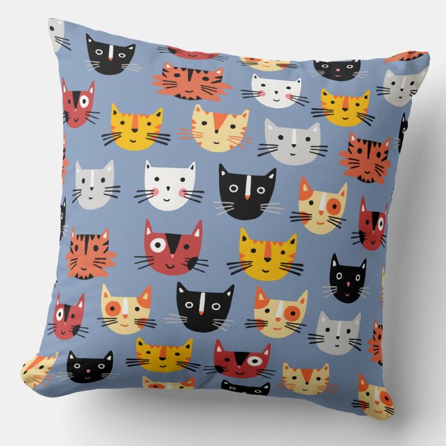 Lots of Cats Cushion (Funny kitty cat faces blue throw pillow)