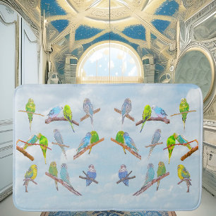 Lots of colourful parakeets - cute little birds bath mat