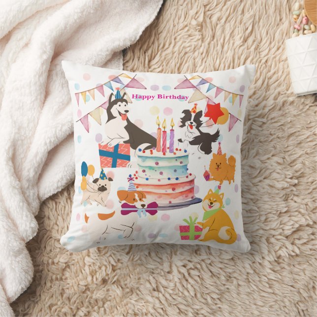 Lots of cute dogs ♡ Pink birthday party Cushion (Blanket)