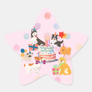 Lots of cute dogs Pink party  Star Sticker
