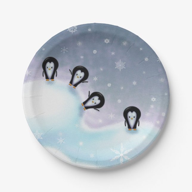 Lots of Cute Penguins Holiday Paper Plates (Front)