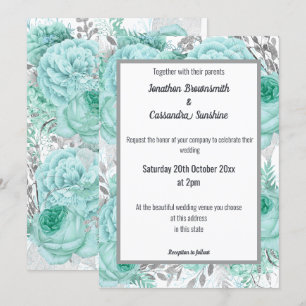 LOTS OF FLORAL PRETTY AQUA SILVER WHITE WEDDING INVITATION