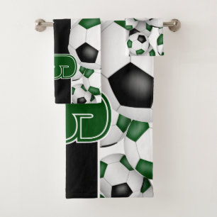 Lots of green black team colors soccer balls  bath towel set