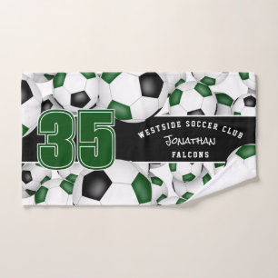 Lots of green black team colours soccer balls hand towel