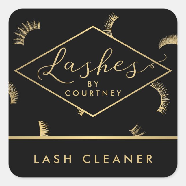 Lots of Lashes Pattern Lash Salon Black/Gold Square Sticker (Front)