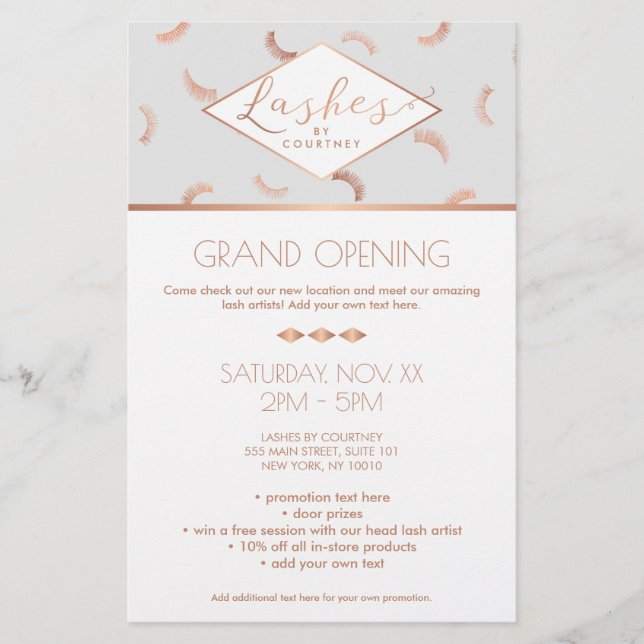 Lots of Lashes Pattern Lash Salon Grey/Rose Gold Flyer (Front)
