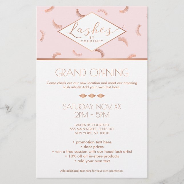 Lots of Lashes Pattern Lash Salon Pink/Rose Gold Flyer (Front)
