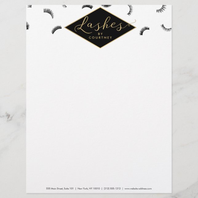 Lots of Lashes Pattern Lash Salon White/Black/Gold Custom Letterhead (Front)