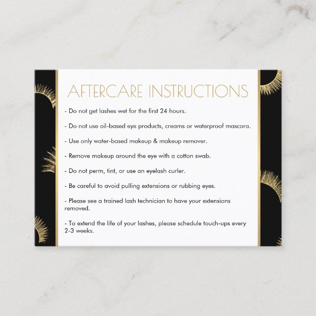 Lots of Lashes Salon Black/Gold Aftercare Card (Front)