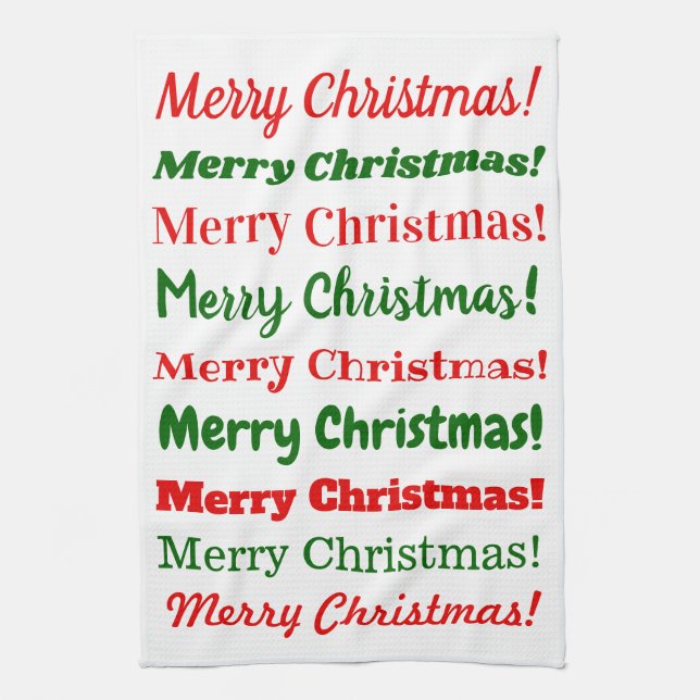 Lots of "Merry Christmas!" in Red or Green Tea Towel (Vertical)