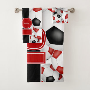 Lots of red black team colours soccer balls  bath towel set