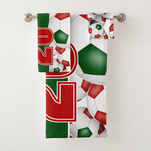 Lots of red green soccer balls boys girls sports bath towel set (Insitu)