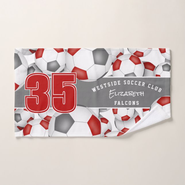 Lots of red grey soccer balls girls boys name  hand towel (Hand Towel)
