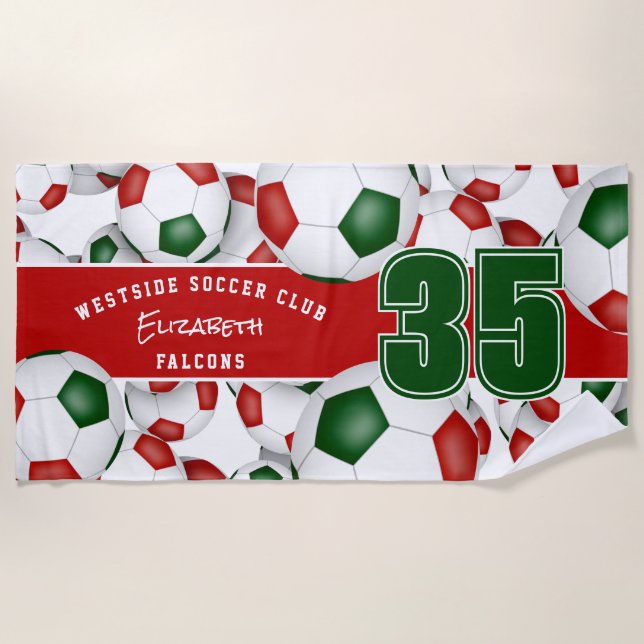 Lots of soccer balls athlete team name red green beach towel (Front)