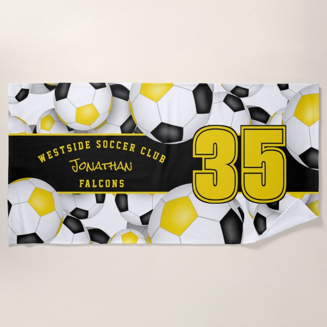 Lots of soccer balls black gold team spirit gifts beach towel (Front)